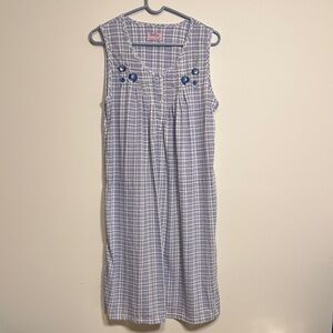 Blue Plaid Sleeveless MUMU pajama sleepwear Button Accents embroidered flowers